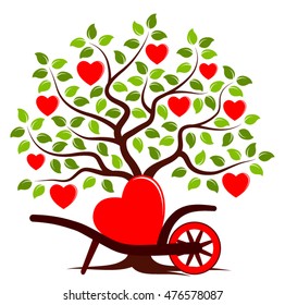 vector heart tree and hand barrow with one big heart isolated on white background