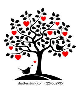 vector heart tree and love birds isolated on white background