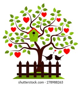 vector heart tree with nesting bird box and picket fence with couple of birds isolated on white background