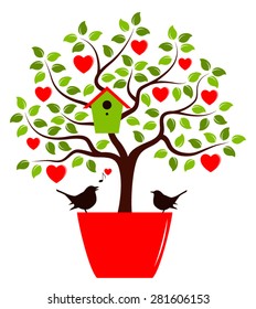 vector heart tree with nesting bird box in pot and couple of birds isolated on white background