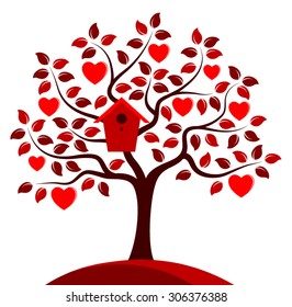 vector heart tree with nesting bird box isolated on white background