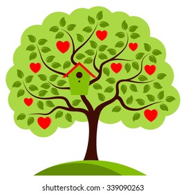 vector heart tree with nesting bird box isolated on white background