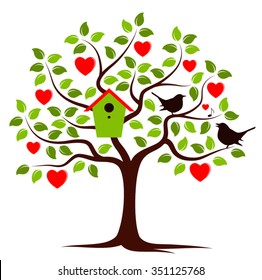 vector heart tree with nesting bird box and couple of birds isolated on white background