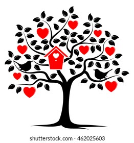 vector heart tree with nesting bird box and couple of birds isolated on white background