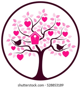 vector heart tree with nesting bird box and couple of birds in round isolated on white background
