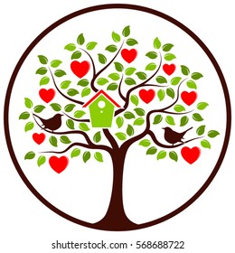 vector heart tree with nesting bird box and couple of birds in round isolated on white background