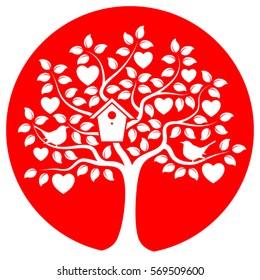 vector heart tree with nesting bird box and couple of birds isolated on red round