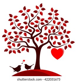 vector heart tree with one big heart and couple of birds isolated on white background