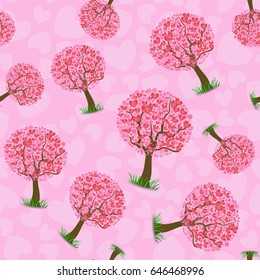 Vector Heart Tree Pattern Isolated on Pink Background