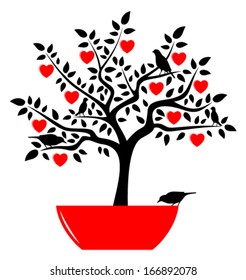vector heart tree in pot and birds isolated on white background