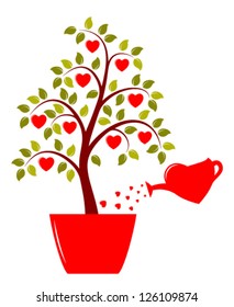 vector heart tree in pot and heart watering can isolated on white background