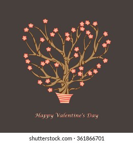 Vector heart tree with red flowers in a flower pot on a gray background