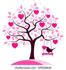 vector heart tree with swing and bird carrying heart in beak isolated on white background