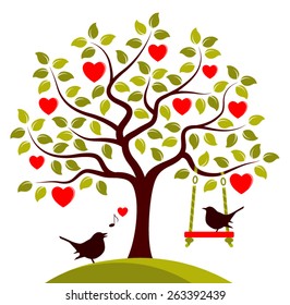 vector heart tree with swing and couple of birds isolated on white background