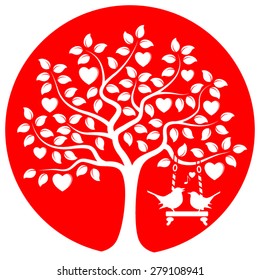 vector heart tree with swing and couple of birds isolated on red round