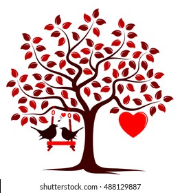 vector heart tree with swing and couple of birds isolated on white background