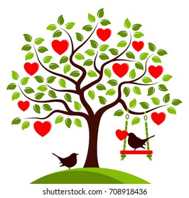 vector heart tree with swing and couple of birds isolated on white background