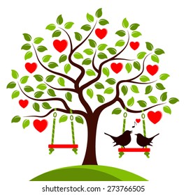 vector heart tree with swings and couple of birds isolated on white background