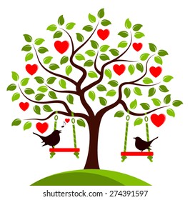 vector heart tree with swings and couple of birds isolated on white background