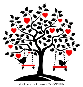 vector heart tree with swings and couple of birds isolated on white background