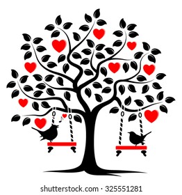 vector heart tree with swings and couple of birds isolated on white background