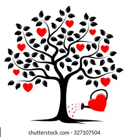 vector heart tree and heart watering can isolated on white background