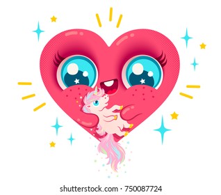 Vector heart with unicorn in kawaii style. Vector cartoon kawaii heart and cute unicorn.
