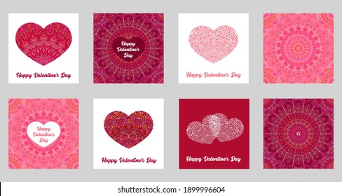 Vector Heart Valentines set. Intricate mandala ornament. Pink and red backgrounds. Happy Valentines Day text