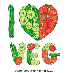 Vector heart vegetables set with tomatoes and cucumbers, hand drawn illustration