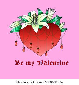 Vector heart with white lily in tattoo stile. Best for Valentine day card, poster, design. 