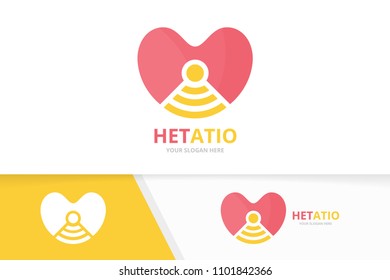 Vector heart and wifi logo combination. Love and signal symbol or icon. Unique romantic and radio logotype design template.