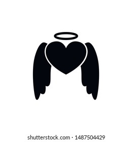 Vector heart with wings icon and halo on top. Flat vector illustration in black on white background. EPS 10