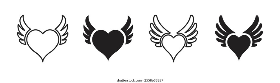 Vector Heart With Wings Icon Set
