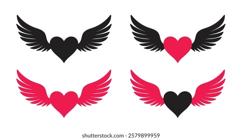 Vector Heart With Wings Icon Set