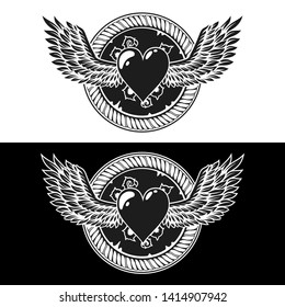 Vector heart with wings, vector illustration isolated on white and black background