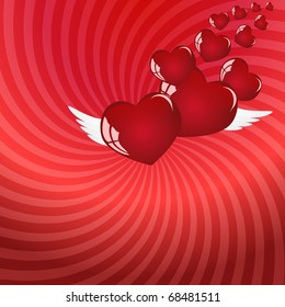 vector heart and wings,red abstract background