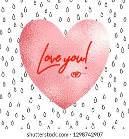 Vector heart for your text from rose foil on the black and white seamless background with drops