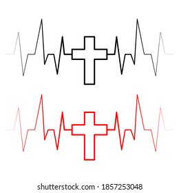 Icono de latido del vector con cruz. Conjunto de latidos de corazón negros y rojos con cruces. Icono de latido. Ilustración vectorial.