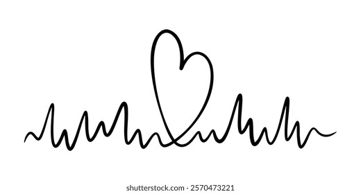 Vector heartbeat illustrations in line art style. Graphic monochrome drawing. Hand drawn heart outline sketch, ink illustration. Design element for wedding invitation, Valentines day, tattoo, logo