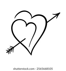 Vector hearts with arrow in line art style. Cupid arrow pierced the hart. Graphic monochrome drawing. Hand drawn heart outline sketch, ink illustration. Design element Valentines day.