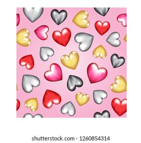 Vector hearts background, balloon style. Colors gold, silver, black, red and pink. Seamless pattern vector illustration design.