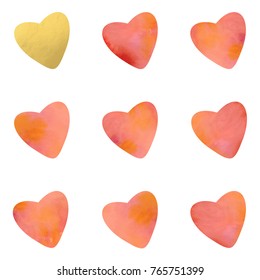 Vector hearts background. Heat shapes with  watercolor texture  and golden foil texture, isolated . Festive party backdrop for party, birtday invitations or greetings cards or valentine's day designs.