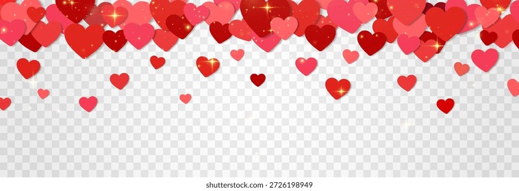Fondo de corazones de Vector png. Lindo Anuncio de amor. Luces y destellos. Diseño de concepto de corazones de San Valentín. Feliz Día de la Mujer, de la Madre, de San Valentín. Fondo transparente.