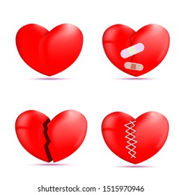 Vector Hearts. Broken hearts vector set of 3d realistic icons and symbols with wound, patches, stitches and bandages isolated in white background. Vector illustration.