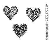 Vector Hearts Bundle. Love Symbol Collection Isolated on white, Leopard, cheetah, giraffe, zebra Valentines Sketch Graphic Shapes.