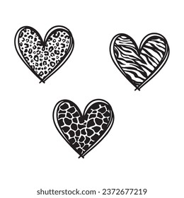 Vector Hearts Bundle. Love Symbol Collection Isolated on white, Leopard, cheetah, giraffe, zebra Valentines Sketch Graphic Shapes.