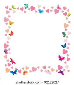 vector hearts and butterflies cartoon frame on white background