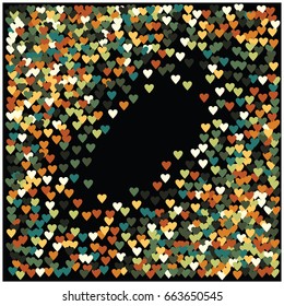 Vector hearts confetti. Green, brown, yellow, white flying hearts round frame. Golden glitter St. Valentine, birthday, romantic background design elements. Rich love card, wedding, celebration banner.