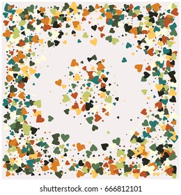 Vector hearts confetti. Green, brown, yellow, white flying hearts round frame. Golden glitter St. Valentine, birthday, romantic background design elements. Rich love card, wedding, celebration banner.