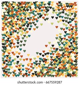 Vector hearts confetti. Green, brown, yellow, white flying hearts round frame. Golden glitter St. Valentine, birthday, romantic background design elements. Rich love card, wedding, celebration banner.